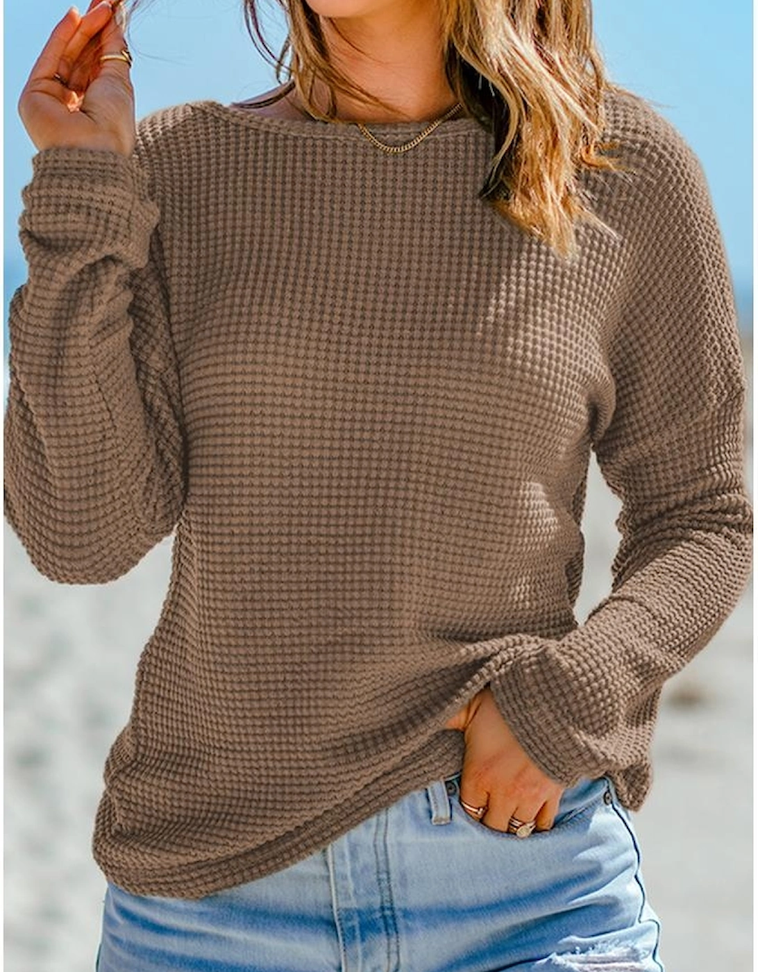 Dark Brown Waffle Knit Drop Shoulder Long Sleeve Top