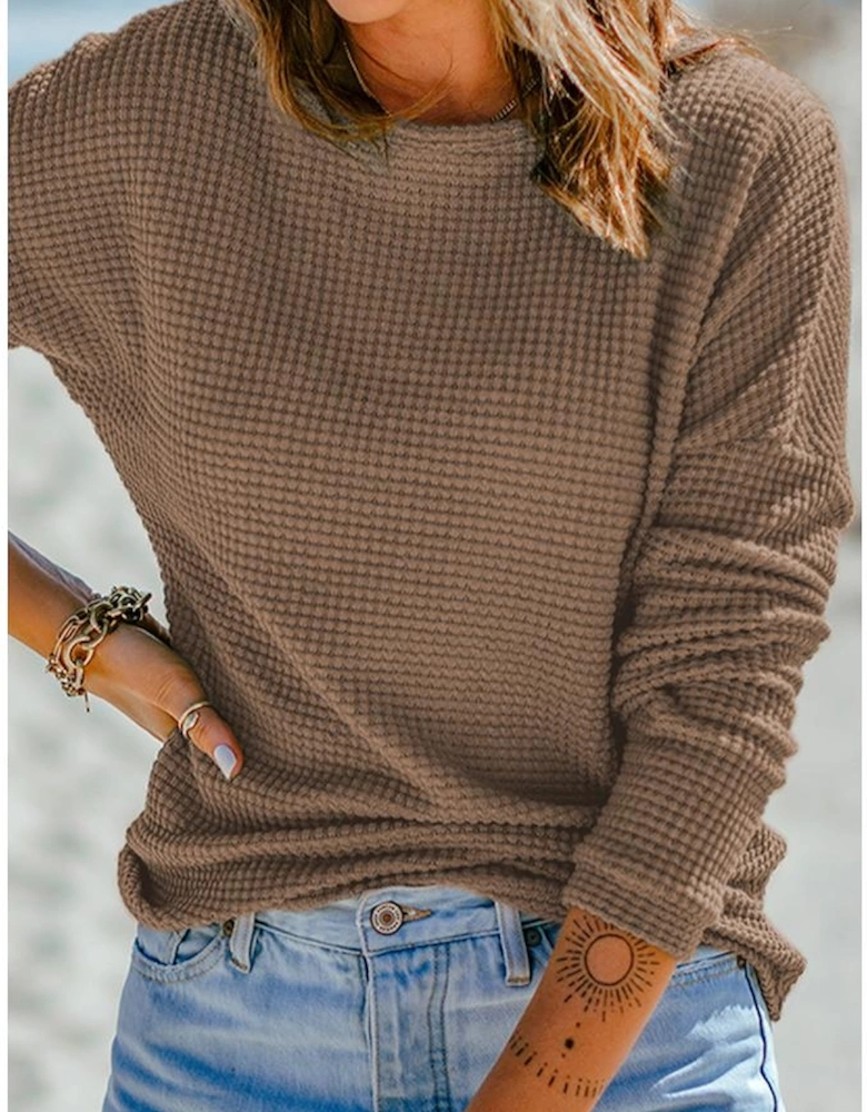 Dark Brown Waffle Knit Drop Shoulder Long Sleeve Top