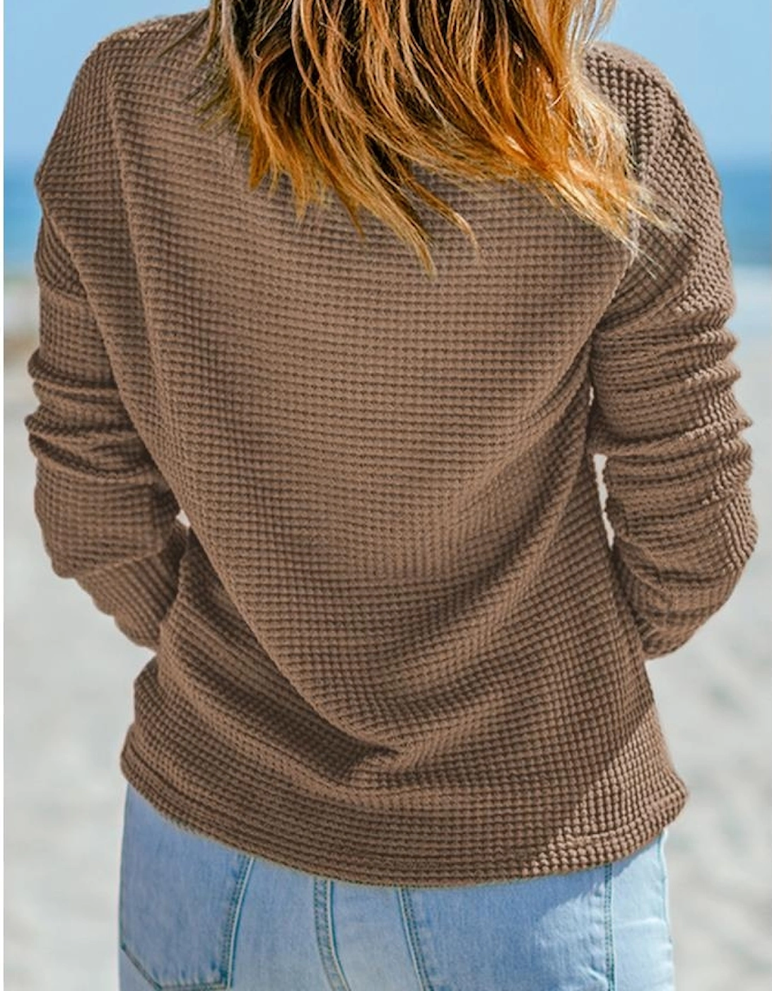 Dark Brown Waffle Knit Drop Shoulder Long Sleeve Top