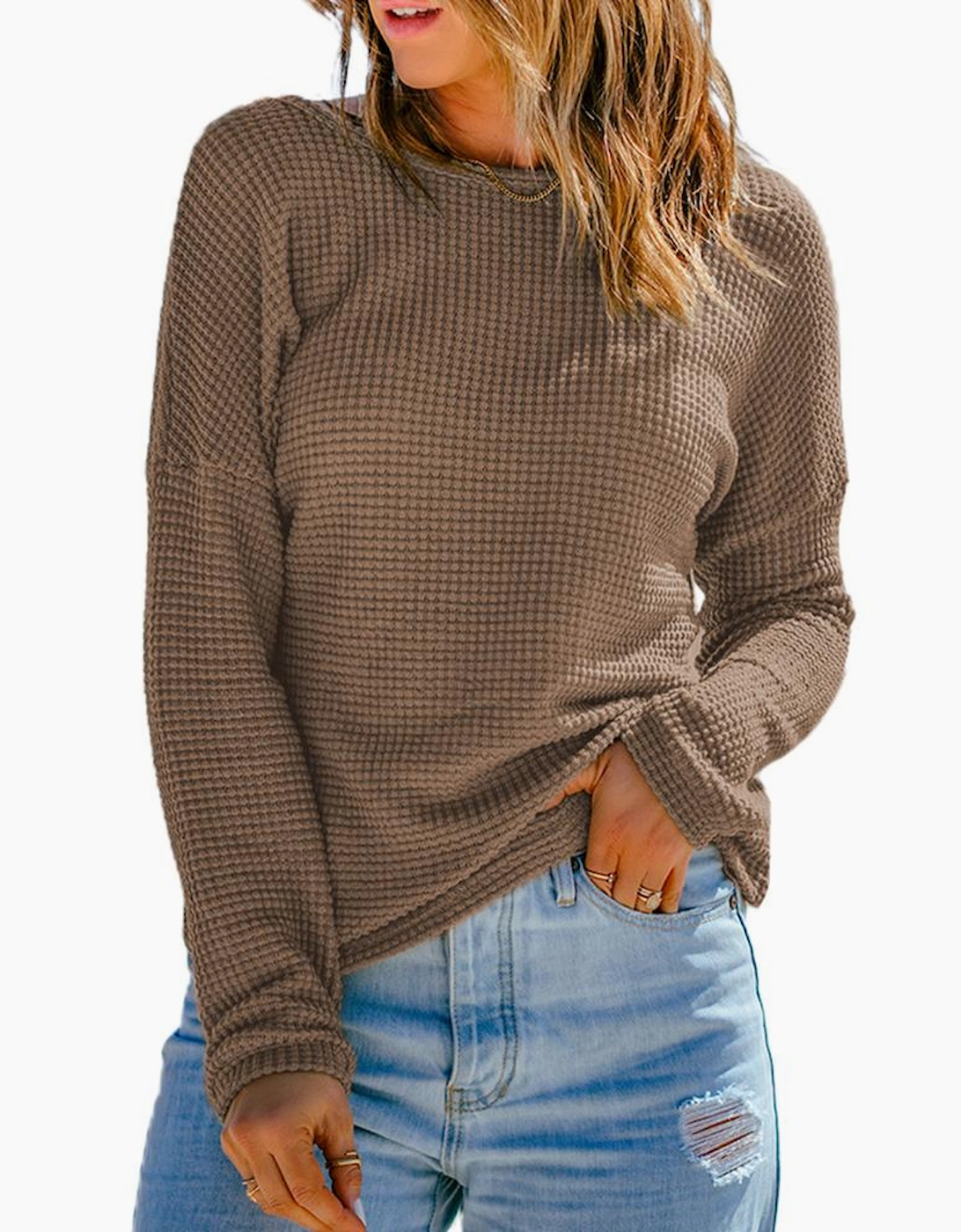 Dark Brown Waffle Knit Drop Shoulder Long Sleeve Top