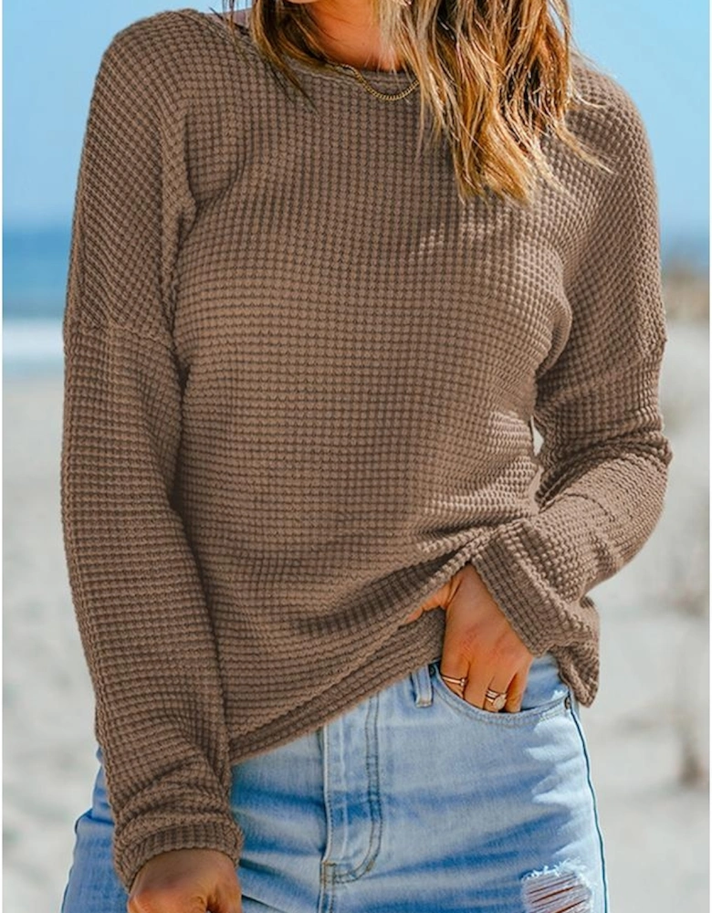Dark Brown Waffle Knit Drop Shoulder Long Sleeve Top