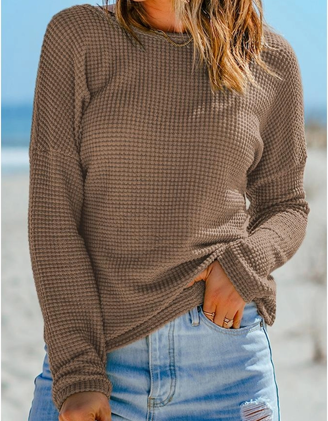 Dark Brown Waffle Knit Drop Shoulder Long Sleeve Top, 6 of 5