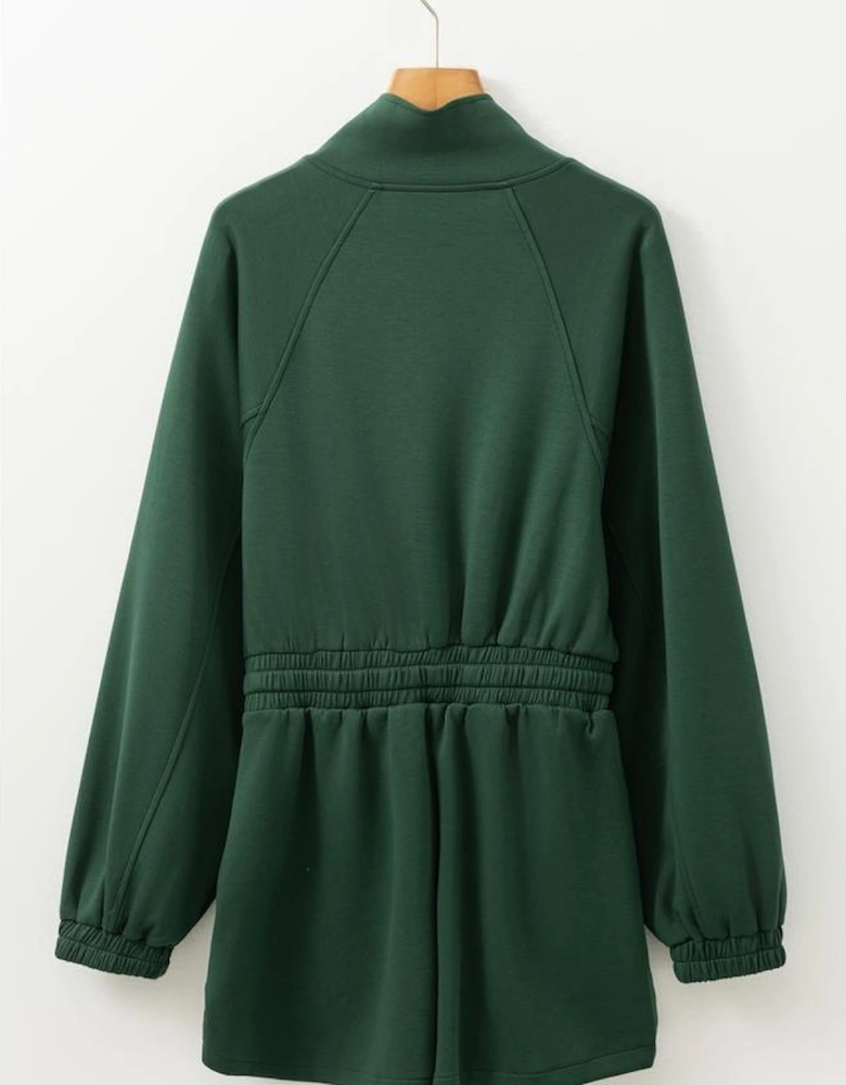 Blackish Green Collared Half Zip French Terry Knit Drawstring Casual Romper