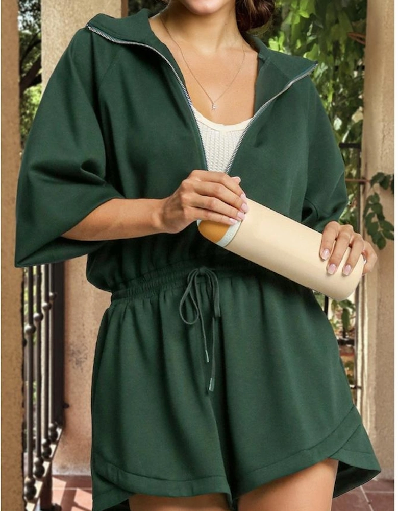 Blackish Green Collared Half Zip French Terry Knit Drawstring Casual Romper