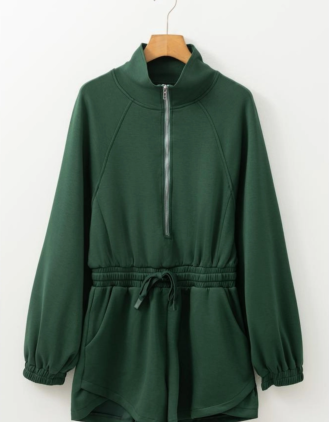 Blackish Green Collared Half Zip French Terry Knit Drawstring Casual Romper