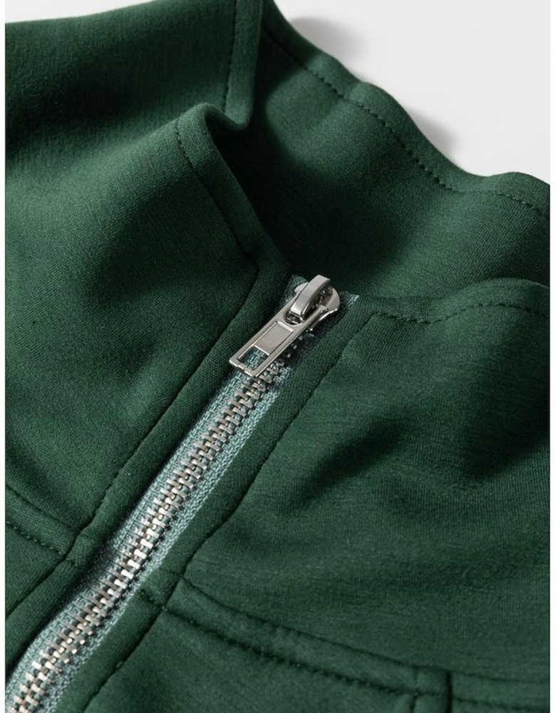 Blackish Green Collared Half Zip French Terry Knit Drawstring Casual Romper