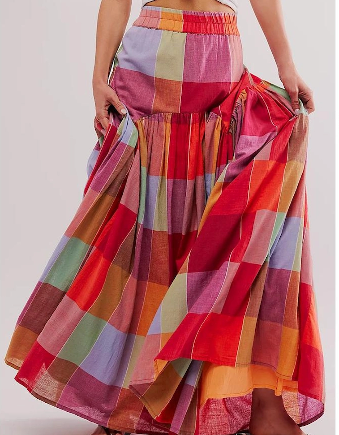 Multicolour Plaid Print Ruched High Waist Casual Maxi Skirt