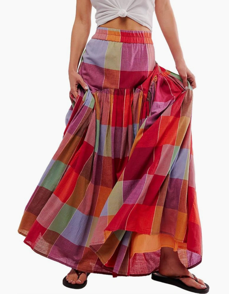 Multicolour Plaid Print Ruched High Waist Casual Maxi Skirt