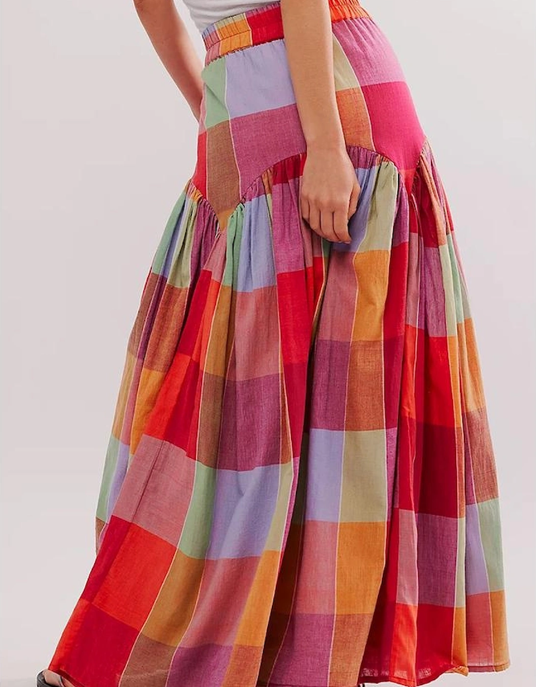 Multicolour Plaid Print Ruched High Waist Casual Maxi Skirt