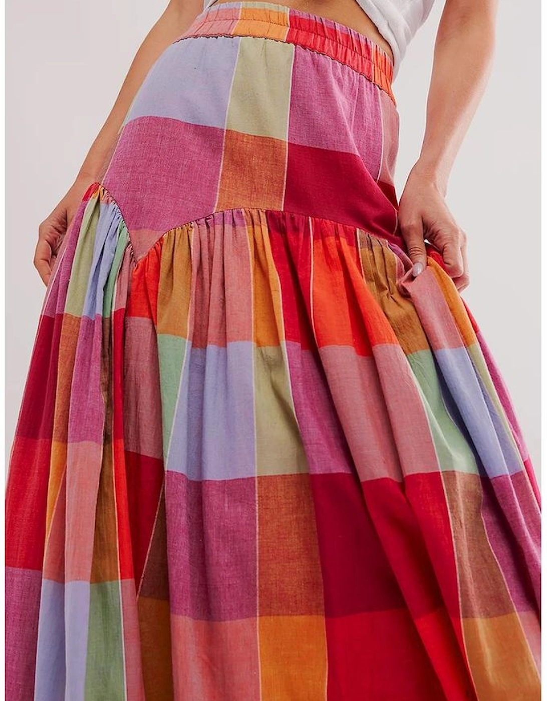 Multicolour Plaid Print Ruched High Waist Casual Maxi Skirt