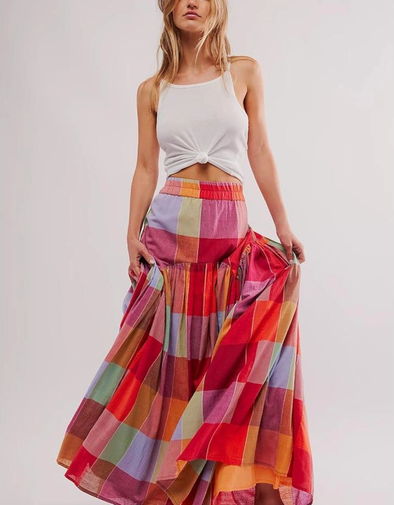 Multicolour Plaid Print Ruched High Waist Casual Maxi Skirt