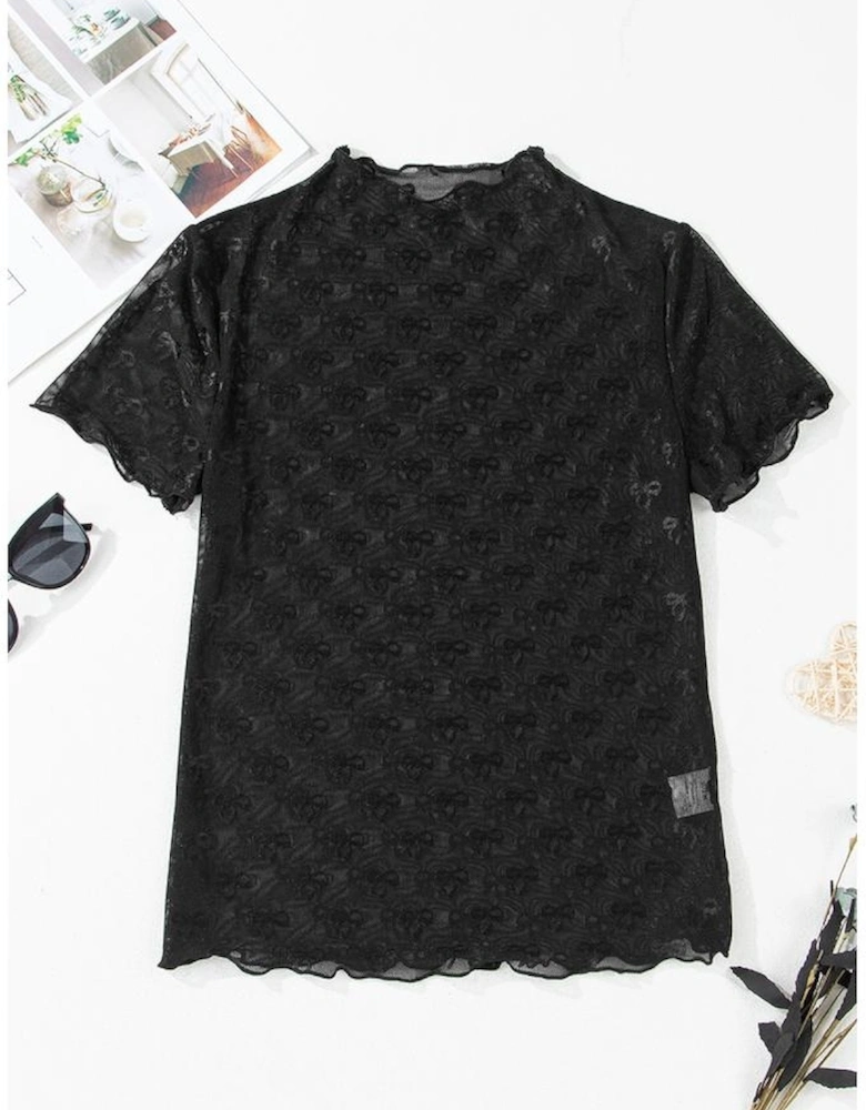 Black Bowknot Sheer Mesh Mock Neck Lettuce Trim Short Sleeve Top