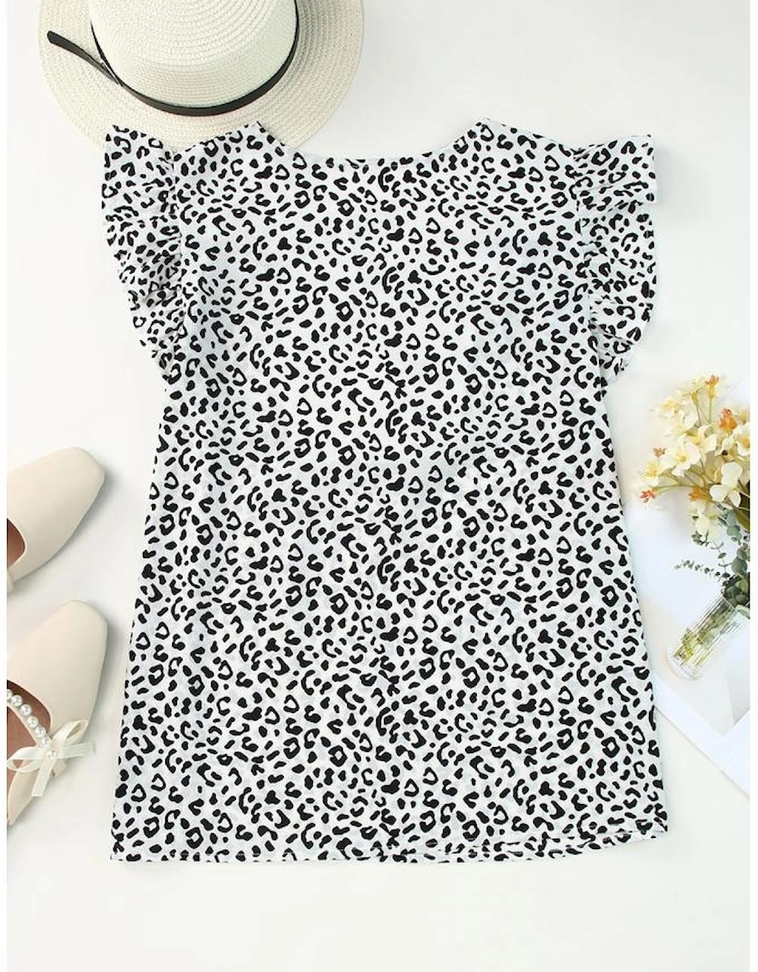 Leopard Ruffle Shoulder Embellished V-neck Sleeveless Top