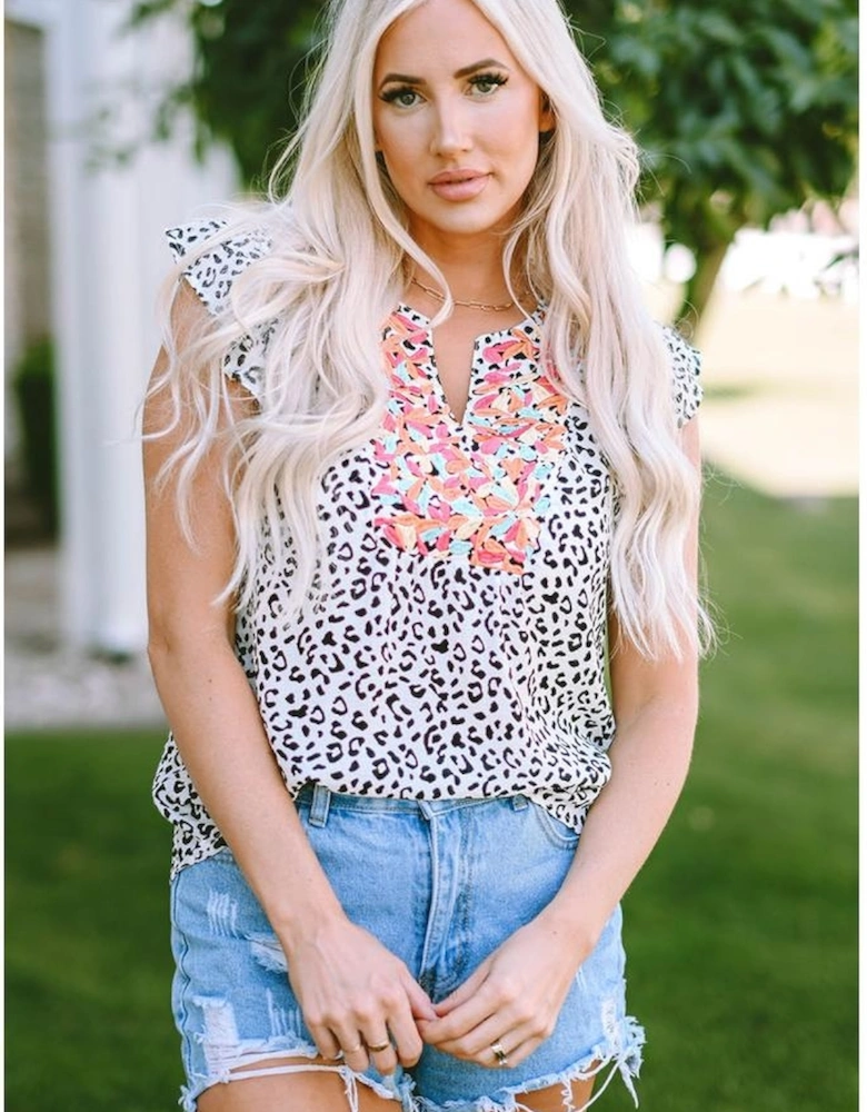 Leopard Ruffle Shoulder Embellished V-neck Sleeveless Top