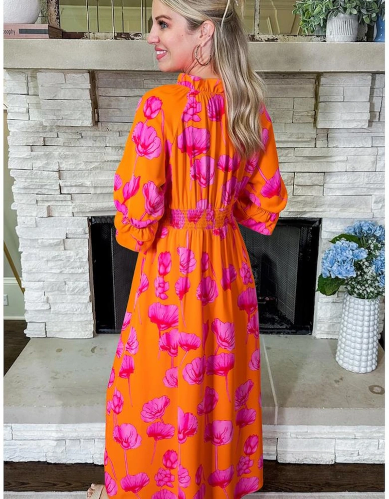 Orange Floral Print Frilly Smocked V Neck 3/4 Sleeve Long Dress