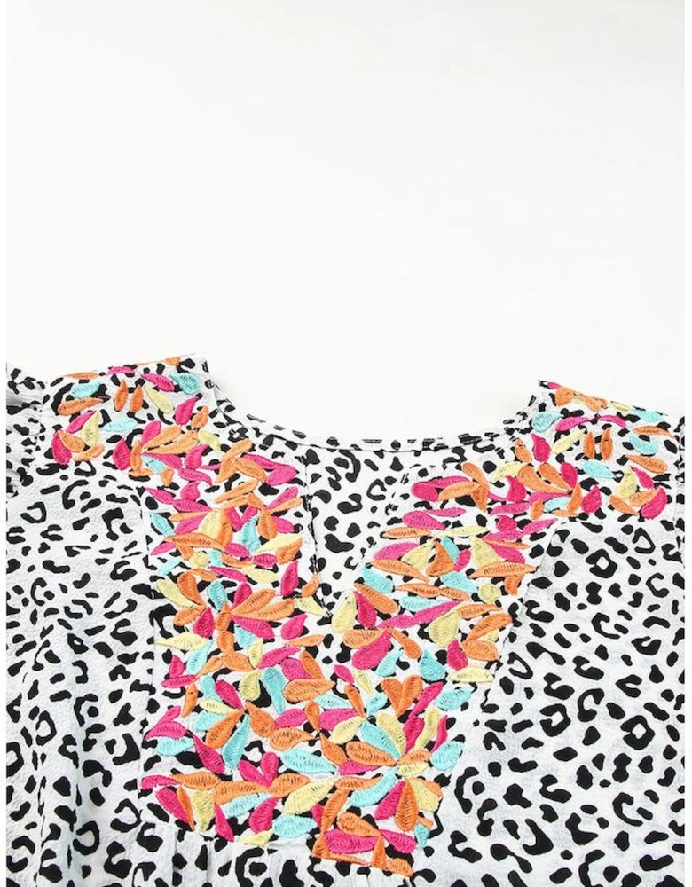 Leopard Ruffle Shoulder Embellished V-neck Sleeveless Top