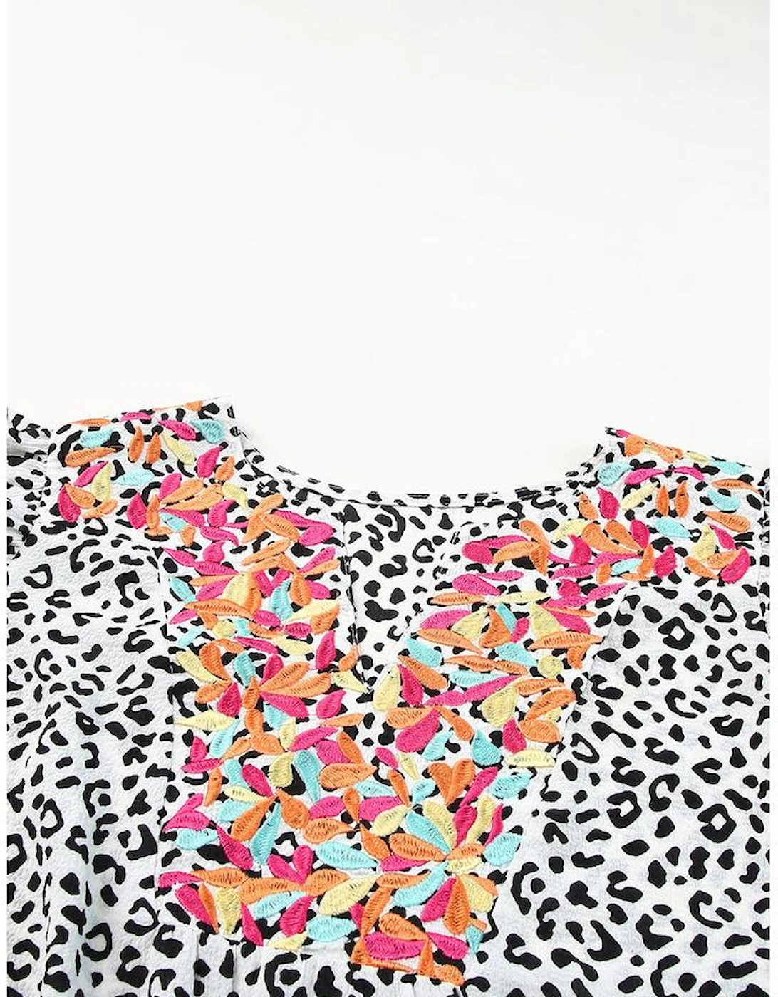 Leopard Ruffle Shoulder Embellished V-neck Sleeveless Top