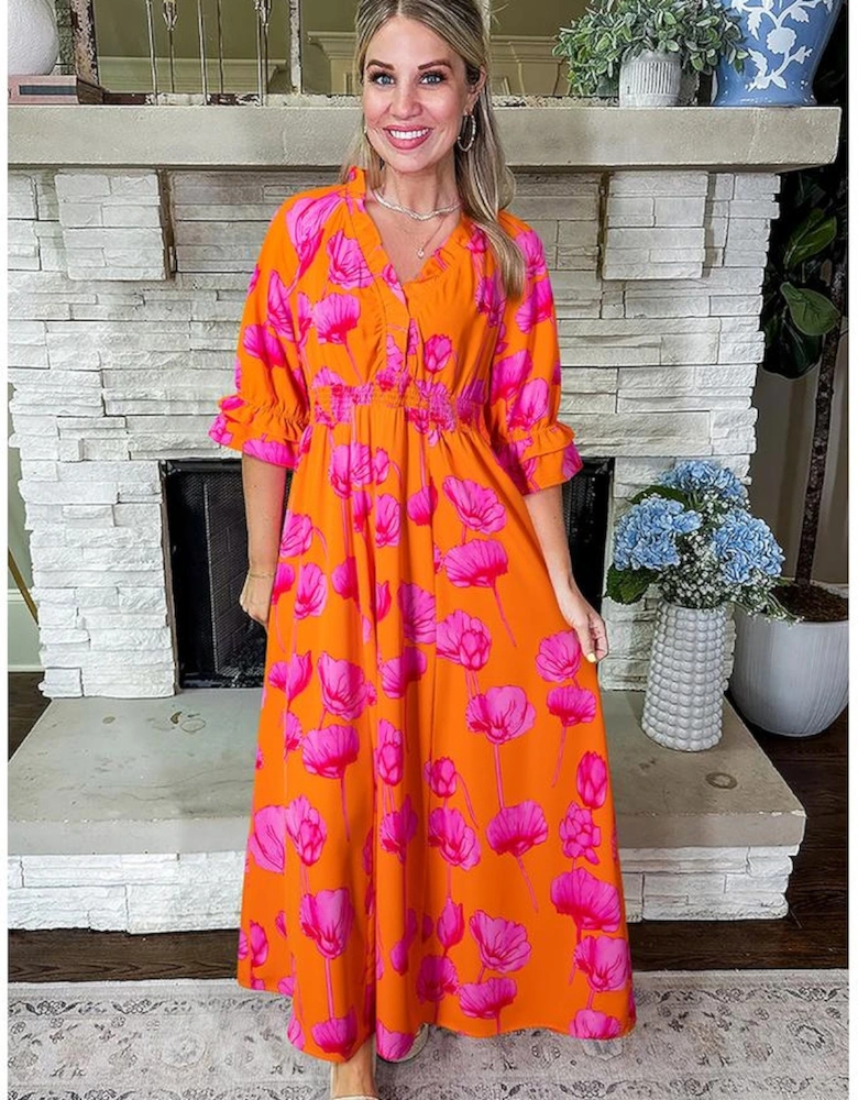 Orange Floral Print Frilly Smocked V Neck 3/4 Sleeve Long Dress