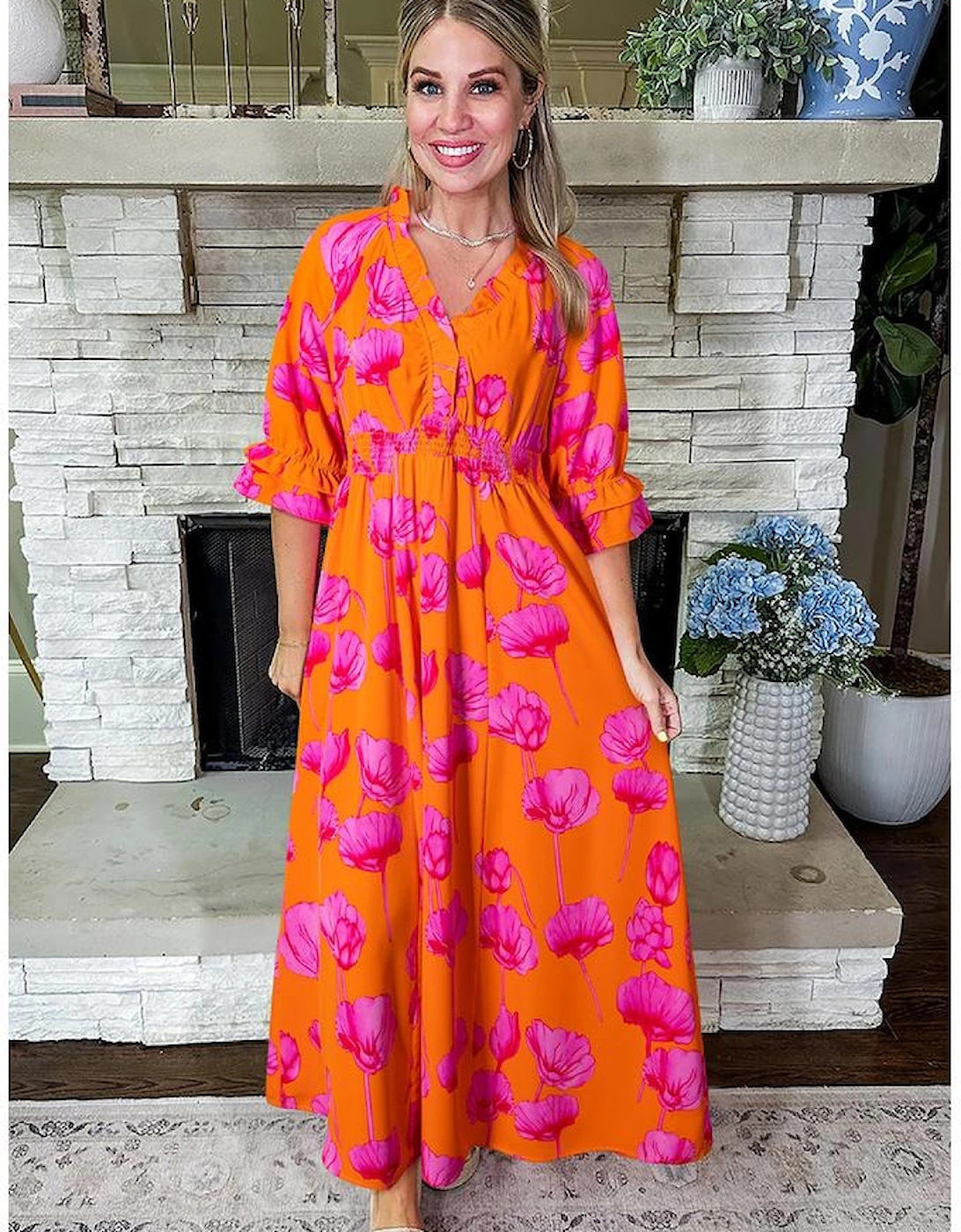 Orange Floral Print Frilly Smocked V Neck 3/4 Sleeve Long Dress