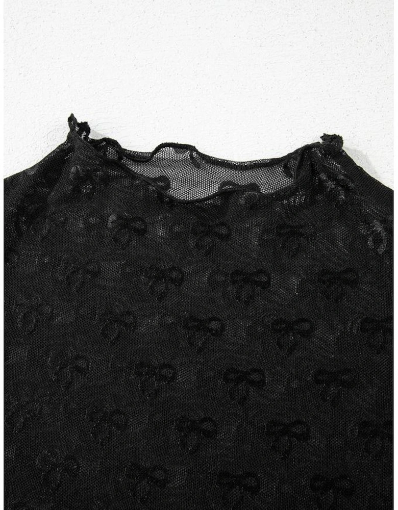 Black Bowknot Sheer Mesh Mock Neck Lettuce Trim Short Sleeve Top