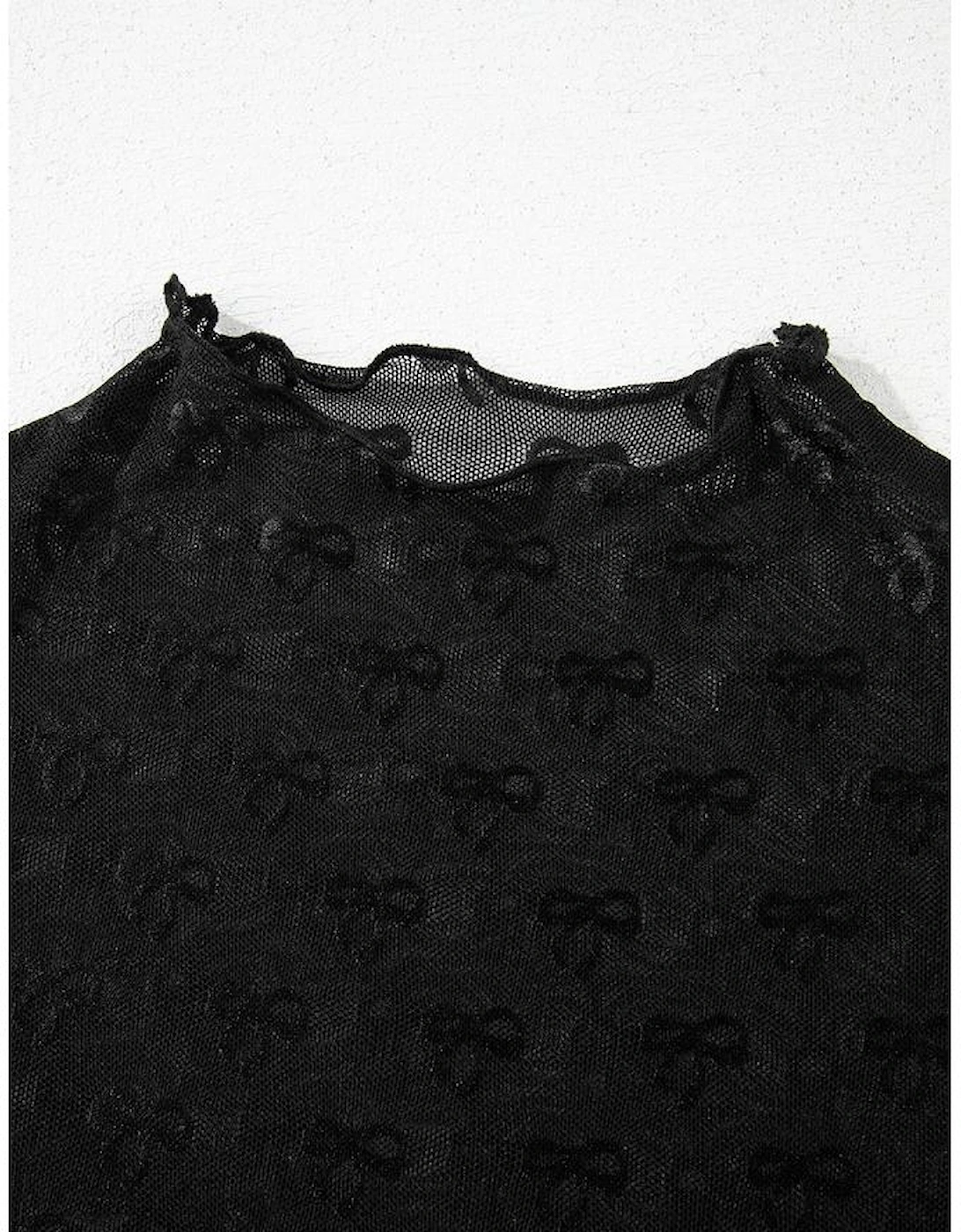 Black Bowknot Sheer Mesh Mock Neck Lettuce Trim Short Sleeve Top