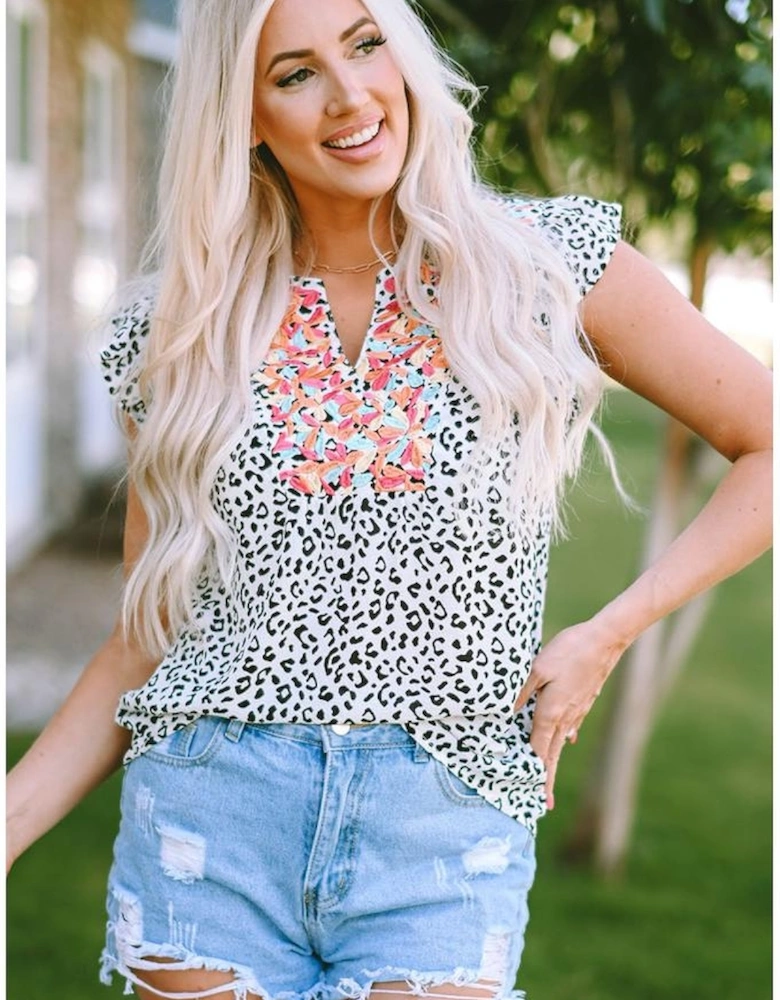 Leopard Ruffle Shoulder Embellished V-neck Sleeveless Top