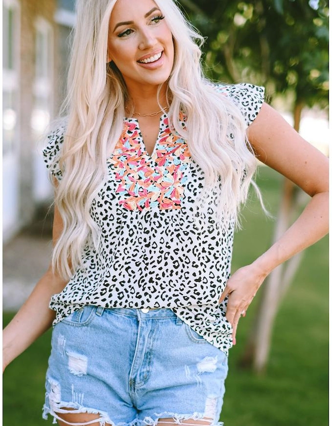 Leopard Ruffle Shoulder Embellished V-neck Sleeveless Top