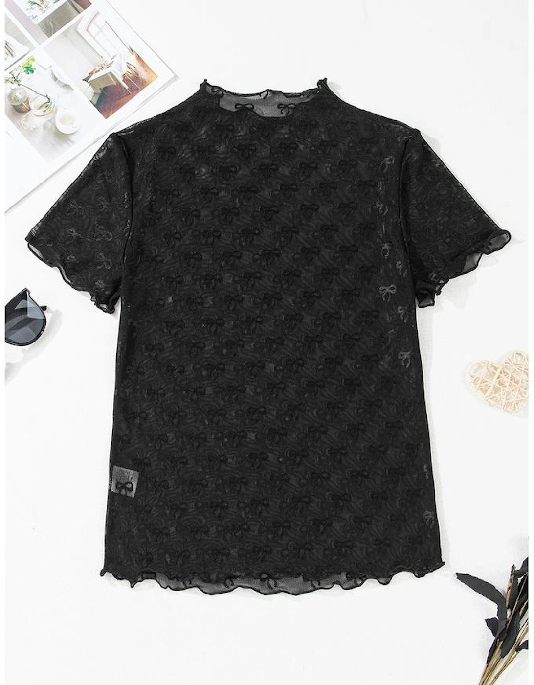 Black Bowknot Sheer Mesh Mock Neck Lettuce Trim Short Sleeve Top