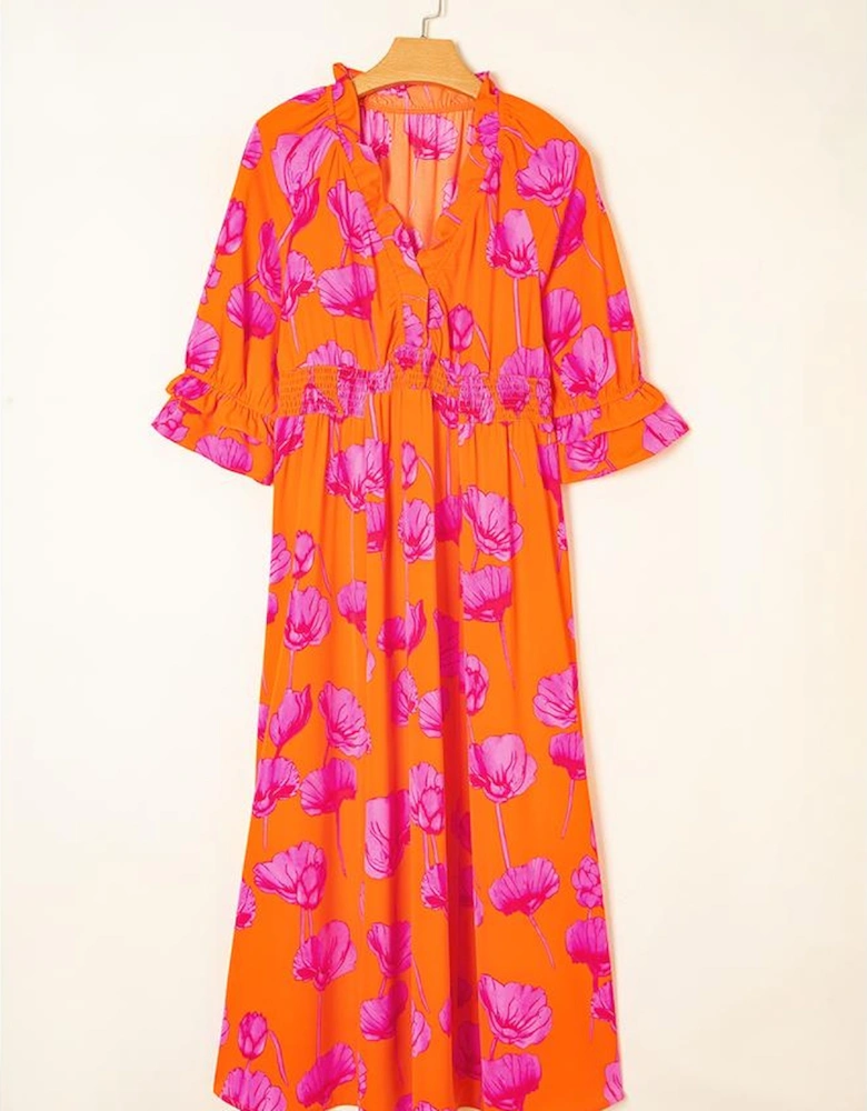 Orange Floral Print Frilly Smocked V Neck 3/4 Sleeve Long Dress