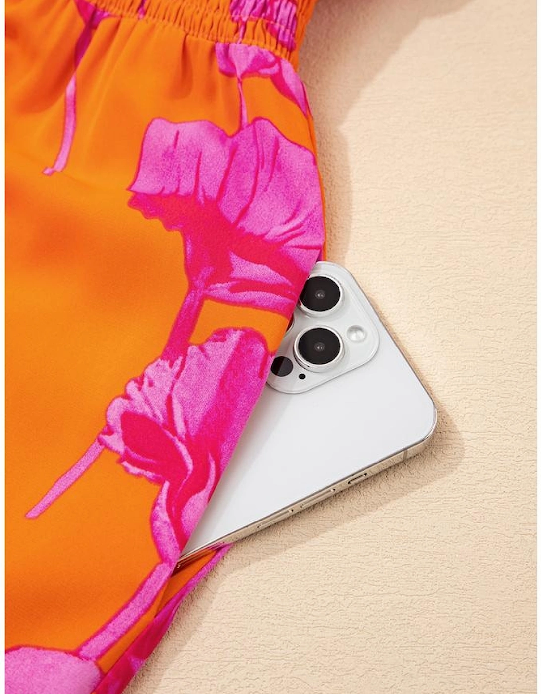 Orange Floral Print Frilly Smocked V Neck 3/4 Sleeve Long Dress