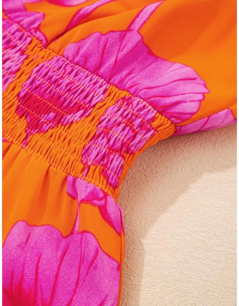 Orange Floral Print Frilly Smocked V Neck 3/4 Sleeve Long Dress