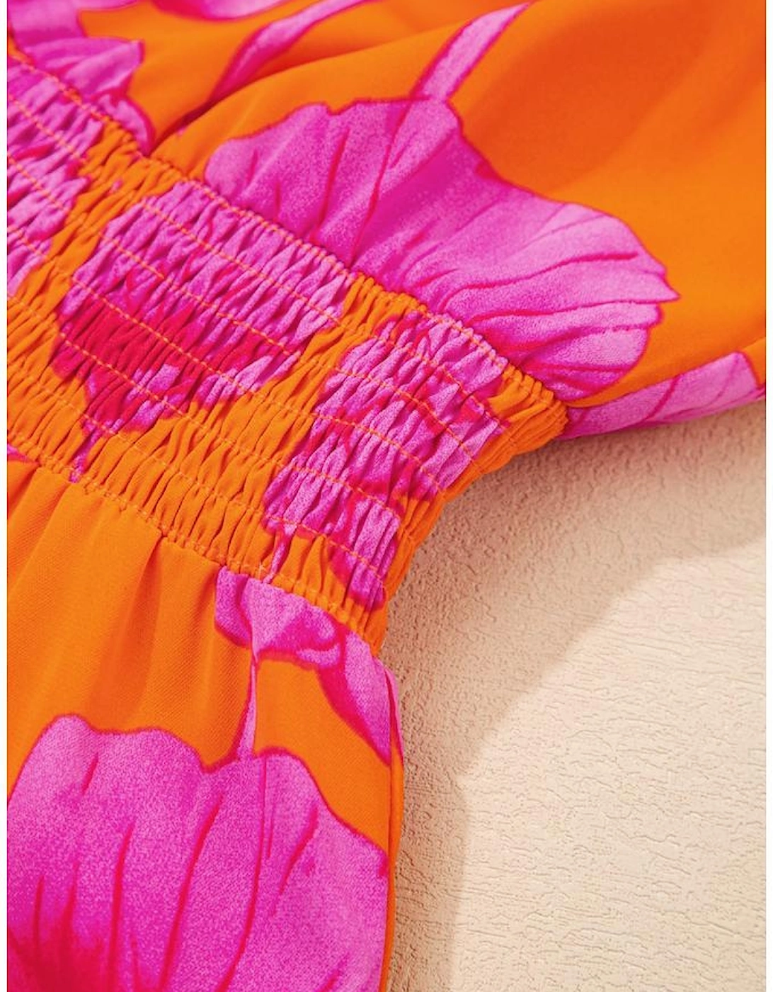 Orange Floral Print Frilly Smocked V Neck 3/4 Sleeve Long Dress