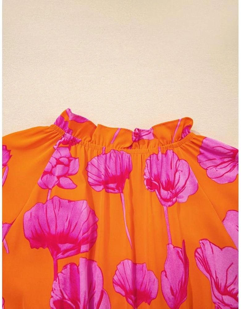 Orange Floral Print Frilly Smocked V Neck 3/4 Sleeve Long Dress