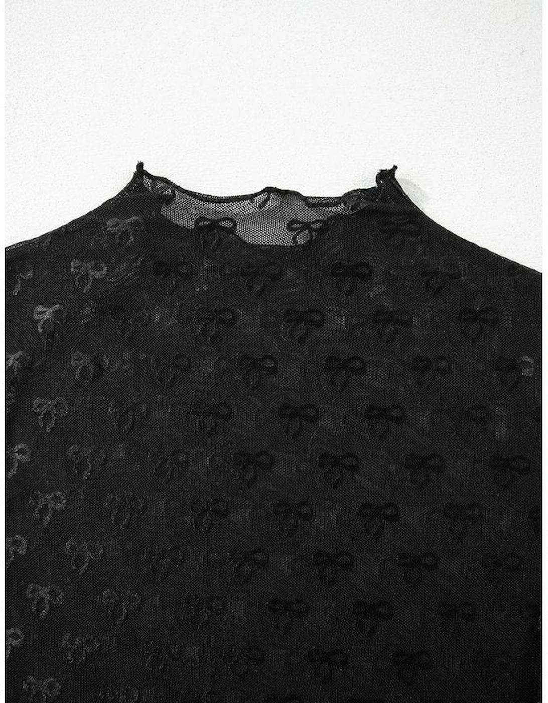 Black Bowknot Sheer Mesh Mock Neck Lettuce Trim Short Sleeve Top