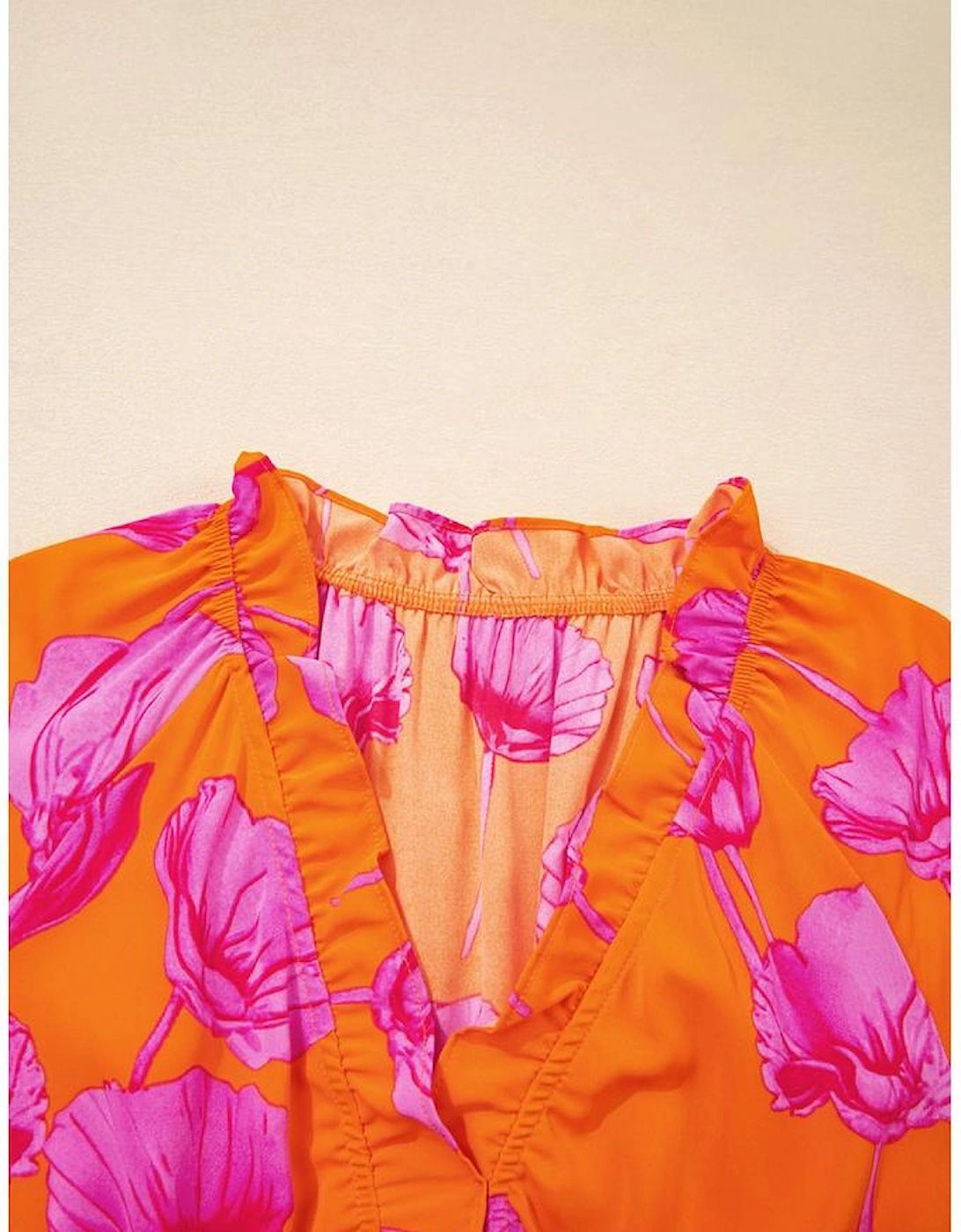 Orange Floral Print Frilly Smocked V Neck 3/4 Sleeve Long Dress