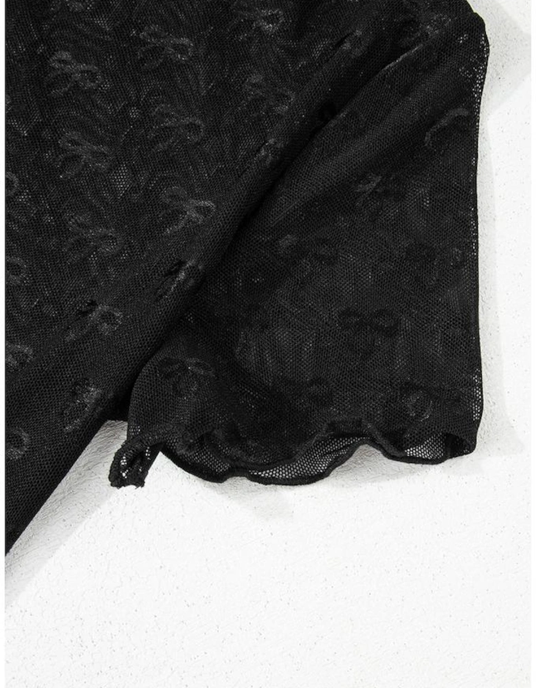 Black Bowknot Sheer Mesh Mock Neck Lettuce Trim Short Sleeve Top