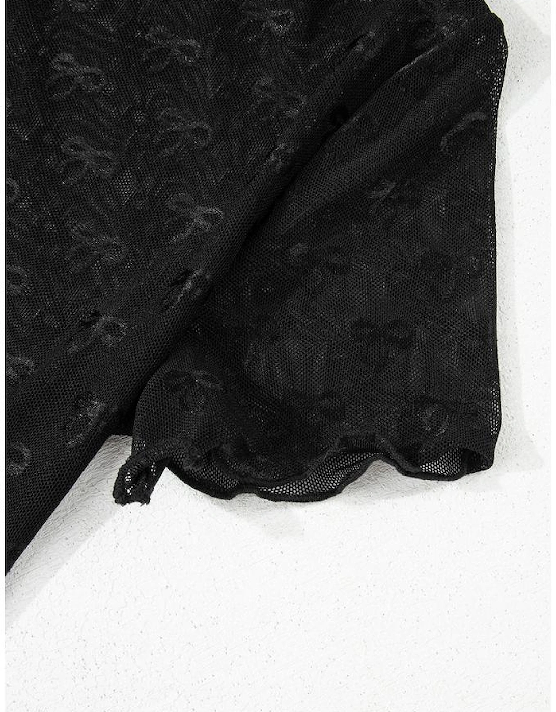 Black Bowknot Sheer Mesh Mock Neck Lettuce Trim Short Sleeve Top