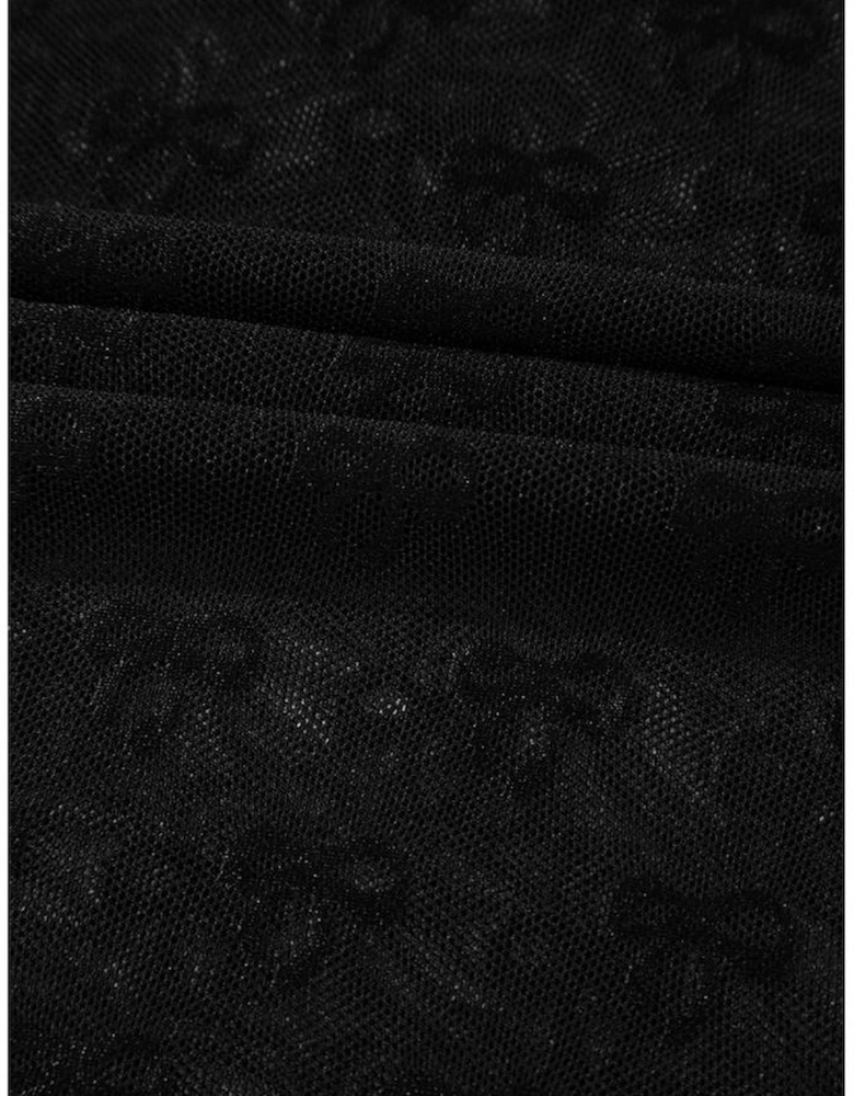 Black Bowknot Sheer Mesh Mock Neck Lettuce Trim Short Sleeve Top