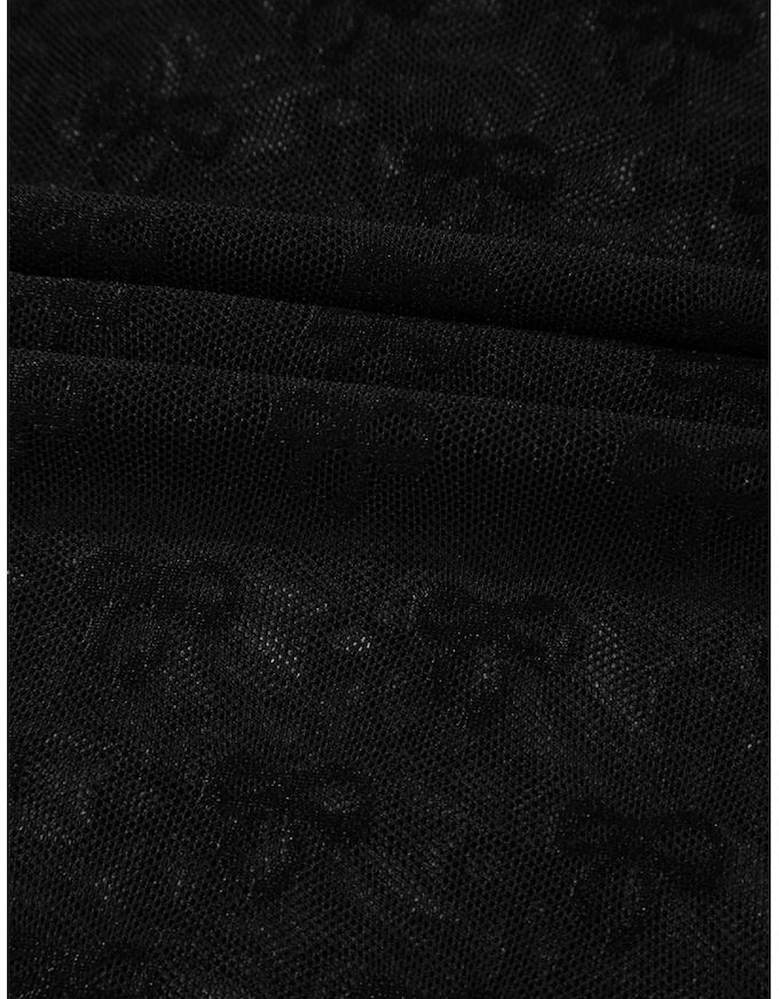 Black Bowknot Sheer Mesh Mock Neck Lettuce Trim Short Sleeve Top