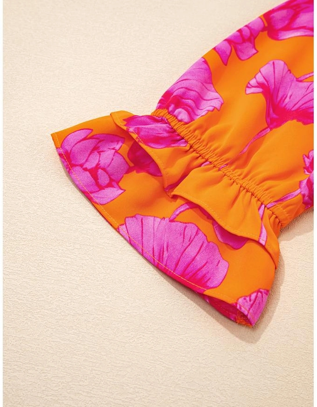 Orange Floral Print Frilly Smocked V Neck 3/4 Sleeve Long Dress