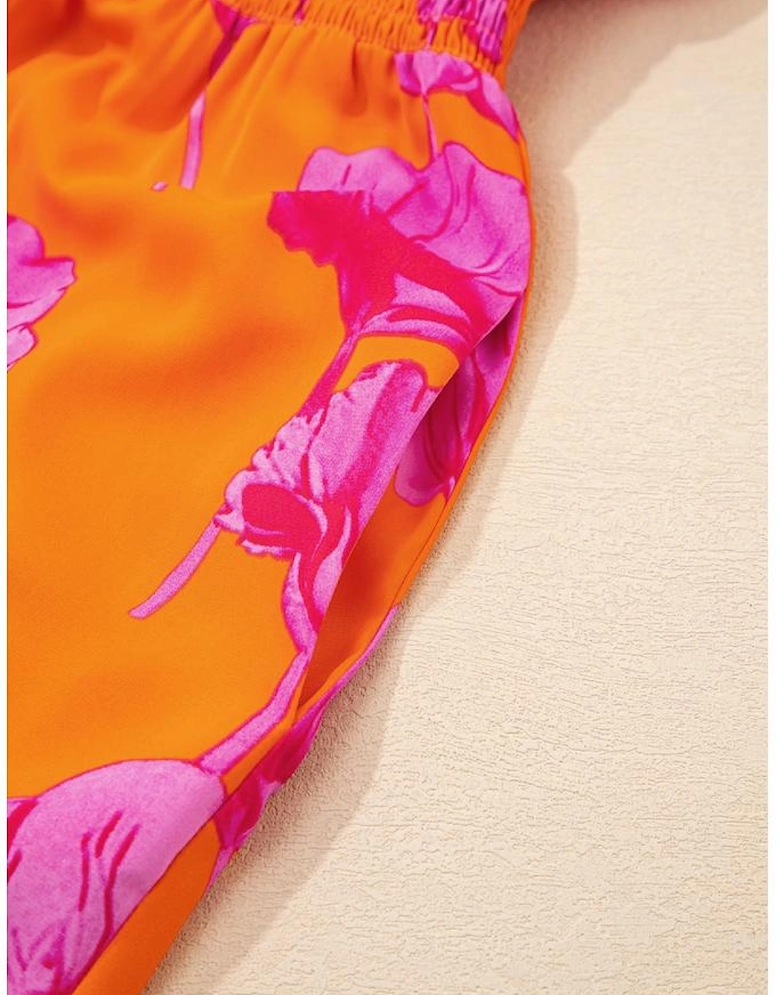 Orange Floral Print Frilly Smocked V Neck 3/4 Sleeve Long Dress