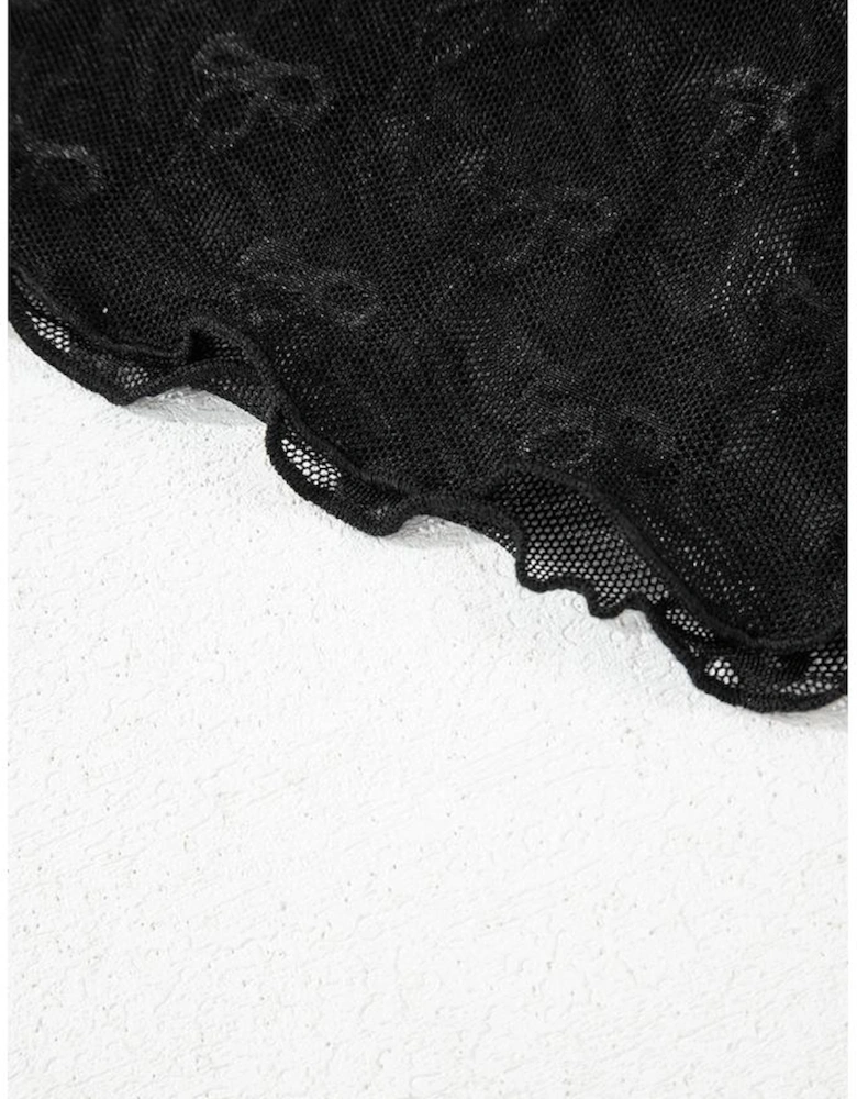 Black Bowknot Sheer Mesh Mock Neck Lettuce Trim Short Sleeve Top