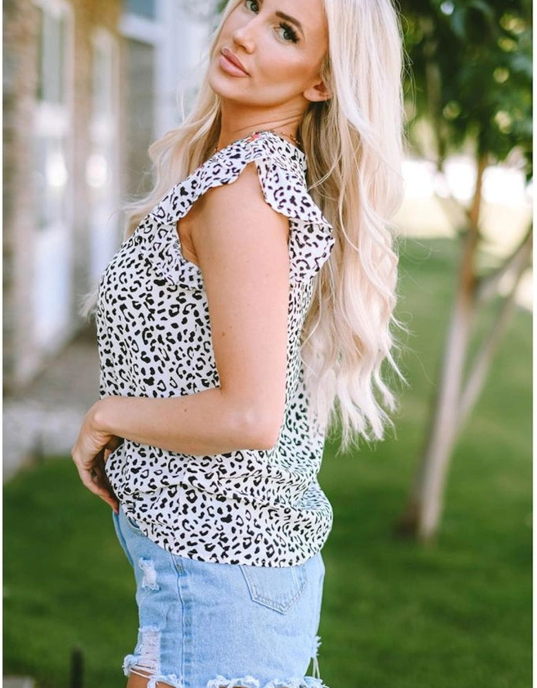 Leopard Ruffle Shoulder Embellished V-neck Sleeveless Top