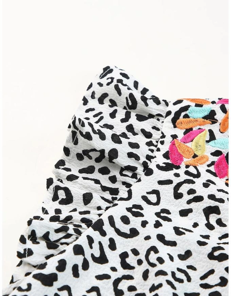 Leopard Ruffle Shoulder Embellished V-neck Sleeveless Top