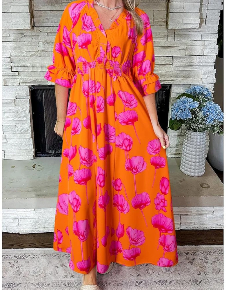 Orange Floral Print Frilly Smocked V Neck 3/4 Sleeve Long Dress
