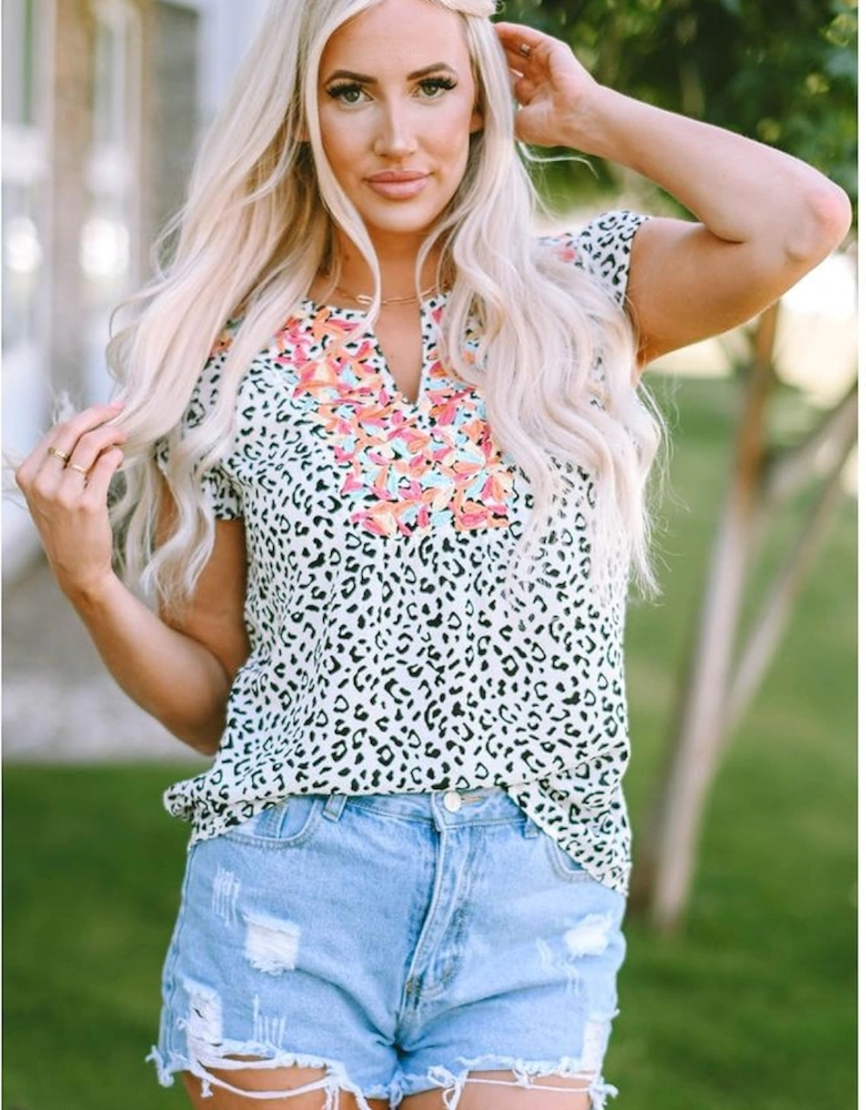 Leopard Ruffle Shoulder Embellished V-neck Sleeveless Top