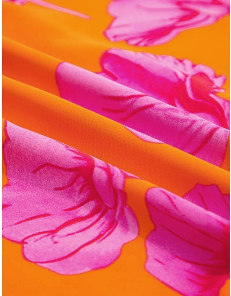 Orange Floral Print Frilly Smocked V Neck 3/4 Sleeve Long Dress