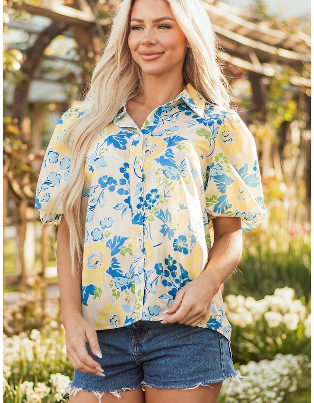 Blue Floral Striped Mixed Print Puff Short Sleeve Blouse