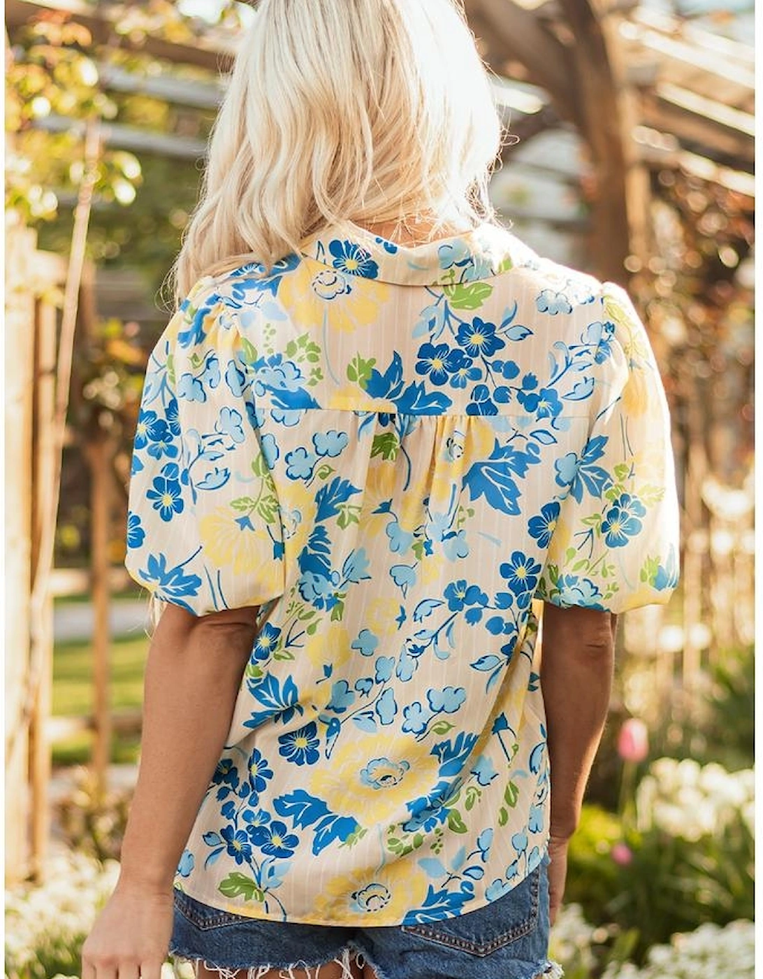 Blue Floral Striped Mixed Print Puff Short Sleeve Blouse, 16 of 15