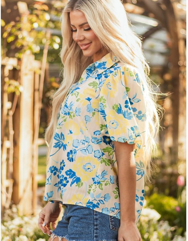 Blue Floral Striped Mixed Print Puff Short Sleeve Blouse